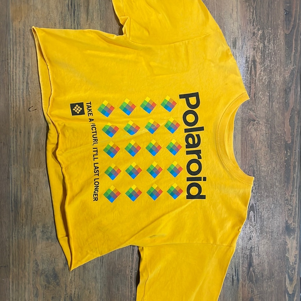 Bright yellow Polaroid cropped T